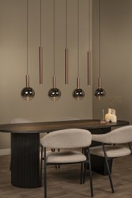 Jamsine 137cm Kobber Fra Lucide - De r&oslash;gede sk&aelig;rme spreder et varmt og behageligt lys, mens de tre spotlights giver et rettet og klart lys nedad.