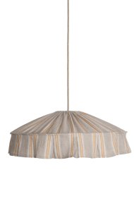 Vinga Skærm Ekskl. Ophæng Ø58 Natur/gul loftslampe Fra Alde & Lind - Vinga er en dekorativ loftslampesk&aelig;rm lavet af 100% h&oslash;r med et smukt stribet m&oslash;nster i honninggule og naturlige toner.