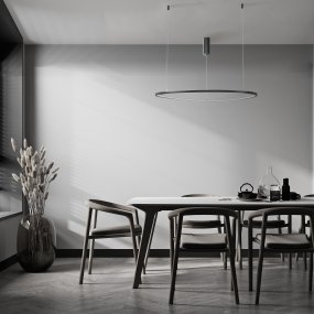 Glint Ø80 Sort loftslampe Fra Maytoni - Det slanke, cirkul&aelig;re stel i sort aluminium h&aelig;nger elegant i tynde tr&aring;de og giver et sv&aelig;vende indtryk, der skaber en f&oslash;lelse af lethed og rum i dit hjem.