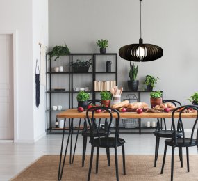 Arcos Ø50 Sort Fra Aneta Lighting - Den elegante loftslampe Arcos består af krydsfinerlameller i en blød afrundet form, der skaber en smuk lys- og skyggeeffekt.
