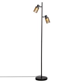 Kiera 2 Sort/ravgul gulvlampe Fra Cottex - Den matsorte metalramme danner en stilfuld kontrast til det ravfarvede glas og g&oslash;r Kiera til et dekorativt element i rummet.