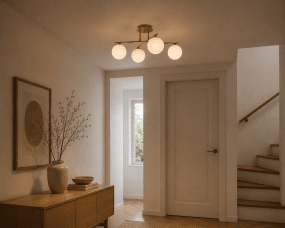 Globi 4 Ø65 Børstet messing/hvid plafond Fra Nordic Lighting - Metalrammen i b&oslash;rstet messingfinish skaber en elegant kontrast til de fire runde opalglaskupler, der spreder lyset j&aelig;vnt i rummet uden at bl&aelig;nde.
