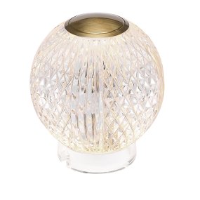 Marni 10cm Gennemsigtig bærbar Fra Elstead Lighting - Marni er en elegant og genopladelig bordlampe med et dekorativt design, der kombinerer stål i en naturlig messingfinish med transparent, mønstret akryl.
