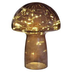Mushroom 23cm Rødbrun bordlampe Fra Pixie Design - Den er udstyret med timer og en praktisk 5-trins lysd&aelig;mper til at justere lyset efter behov, hvilket g&oslash;r den perfekt til b&aring;de opgavebelysning og hyggelig aftenbelysning.