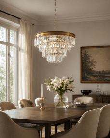 Oxford Ø50 Antik messing krystal Fra Lampan - Lampen er bygget i flere niveauer med klare prismer, der reflekterer lyset p&aring; en funklende m&aring;de og skaber en varm og indbydende atmosf&aelig;re.