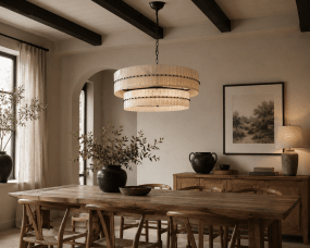 Eaton Ø75 Sort og hvid krystal Fra Lampan - Den matsorte metalramme er indrammet af hvide glasprismer arrangeret i forskellige h&oslash;jder, hvilket skaber en elegant dybde og en levende silhuet.