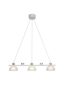 Divoza 82cm Hvid loftslampe Fra Cottex - Divoza loftlampe kombinerer en rustik træbakke med elegante hvide glaskopper og klassiske lyskopper på toppen.