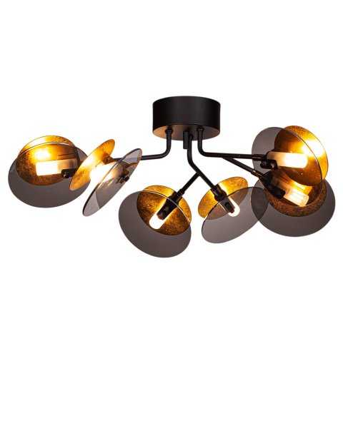 Turno 70cm Sort plafond Fra By Rydéns - D&aring; Turno plafond har ingen bagside, du kan vælge om du vil have lyskilderne, som er anbragt i et rør af matteret glas, skal være i fokus eller om du foretrækker dem skjult og s&aring; så udstråle på siderne bag den guldfarvede metalskive.