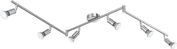 Matrix 6 Nikkel spotlight Fra Globo Lighting - 6st spotlights &auml;r monterade l&auml;ngs konstruktionen och ger en kraftfull belysning med 1500 lumen och en varmvit ljusf&auml;rg p&aring; 3000K, vilket skapar en behaglig atmosf&auml;r.