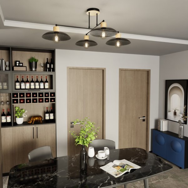 Kobe 100cm Sort plafond Fra Emibig Lighting - Industriel pendel med metalhuse er kombineret med træelementer, hvilket skaber unik belysning, der giver karakter til ethvert rum.