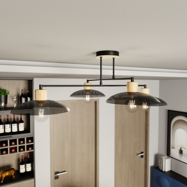 Kobe 100cm Sort plafond Fra Emibig Lighting - Industriel pendel med metalhuse er kombineret med træelementer, hvilket skaber unik belysning, der giver karakter til ethvert rum.