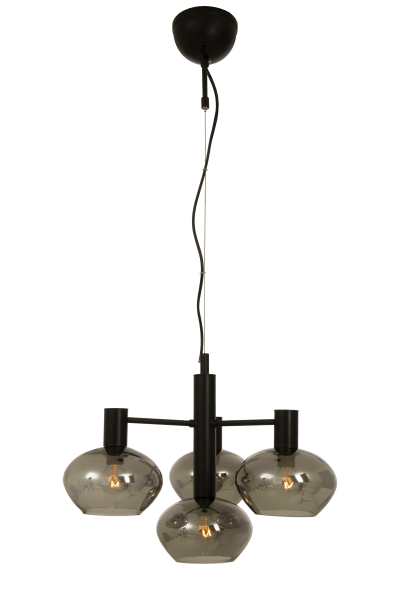 Bell Ø47 Røgfarvet loftslampe Fra Aneta Lighting - Med sine tre skærme i røget glas og ophæng i sort skabes en luksuriøs og sofistikeret atmosfære.