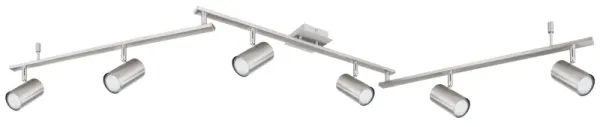 Robby 6 Nikkel spotlight Fra Globo Lighting - Den best&aring;r av tre metallst&auml;nger, var och en utrustad med tv&aring; vridbara GU10-socklar med metallfinish.