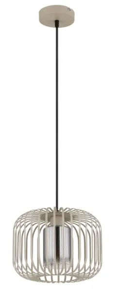 Alfred Ø28 Sand loftslampe Fra Globo Lighting - Den &auml;r tillverkad av sandf&auml;rgad matt metall och har en mjukt rundad metalln&auml;tssk&auml;rm med en inre glascylinder, som skapar ett elegant och luftigt uttryck.