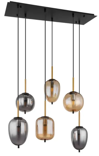 Blacky 80cm Rav loftslampe Fra Globo Lighting - De sex r&ouml;k- och amberf&auml;rgade glasgloberna i olika former h&auml;nger fr&aring;n en svart, rektangul&auml;r takplatta och kan justeras upp till 120 cm fr&aring;n taket.