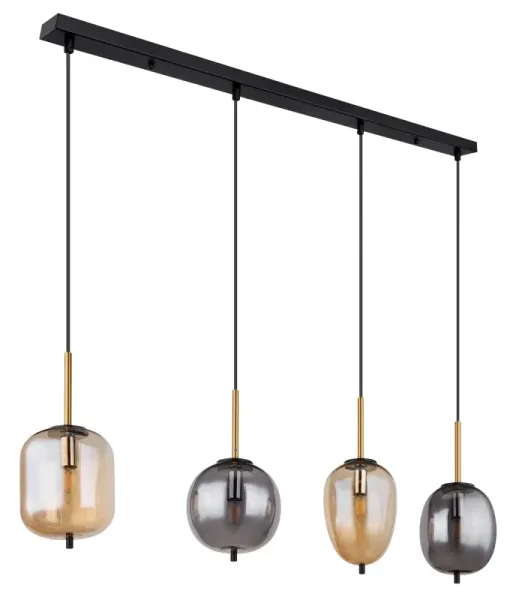 Blacky 110cm Rav loftslampe Fra Globo Lighting - De fyra r&ouml;k- och amberf&auml;rgade glasgloberna i olika former h&auml;nger fr&aring;n en svart, rektangul&auml;r takplatta och kan justeras upp till 120 cm fr&aring;n taket.
