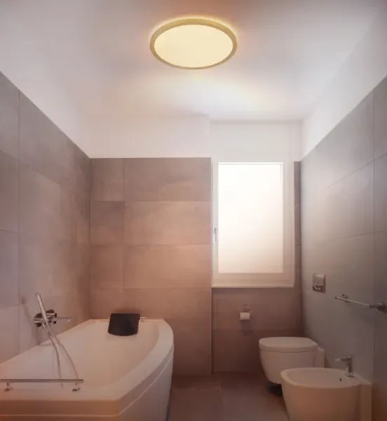 Sapana Ø30 Messing badeværelseslampe Fra Globo Lighting - Lampan &auml;r tillverkad av matt m&auml;ssingsf&auml;rgad och vit plast, vilket ger ett mjukt och bl&auml;ndfritt ljus.