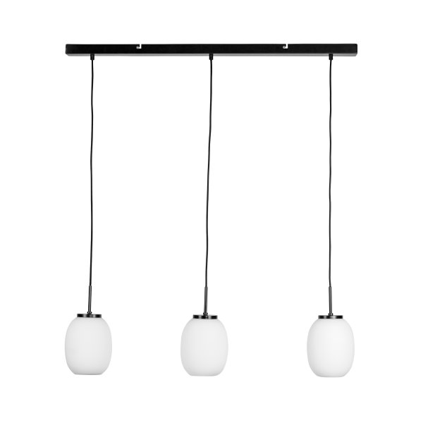 DL39 90cm Opal loftslampe Fra Dyberg Larsen - De tre glasskærme er monteret på; en sort tagræling med en sort tekstilsnor.