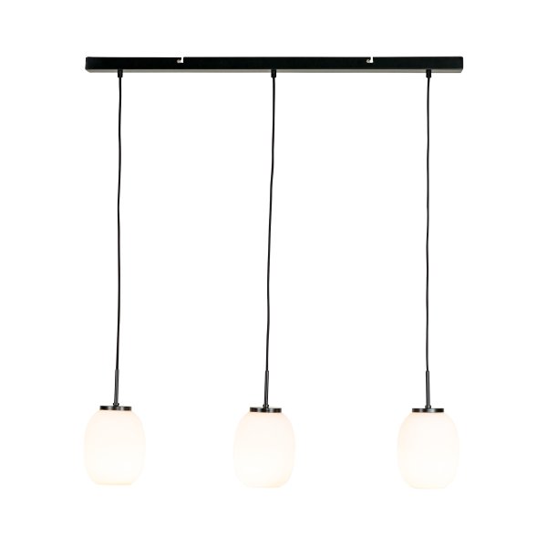 DL39 90cm Opal loftslampe Fra Dyberg Larsen - De tre glasskærme er monteret på; en sort tagræling med en sort tekstilsnor.
