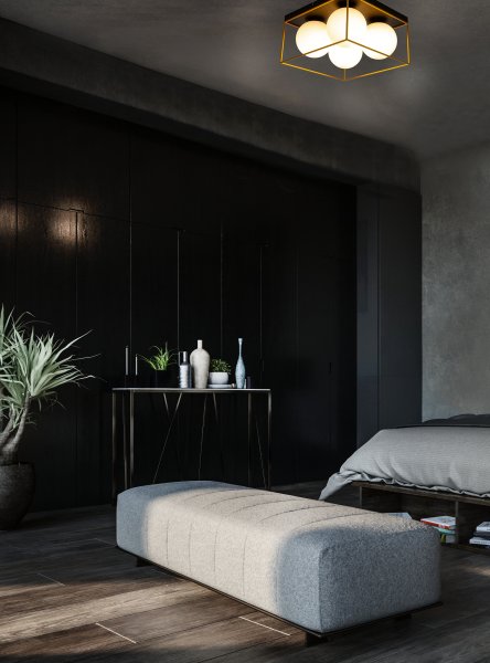 Astro 36cm Sort plafond Fra Aneta Lighting - Astro loftlampe i sortlakeret metal med 4 opalhvide glaskupler indrammet i gulddetaljer på&aring; en sort tagsten.