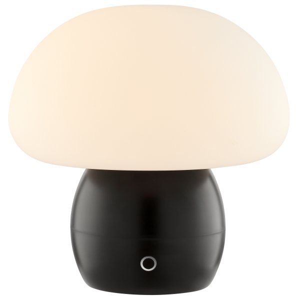 Dupos 22cm Sort bærbar Fra Brilliant - Dupos er en moderne og praktisk bordlampe i hvidt glas og en sort plastikbase, designet i et svampeinspireret design, der gør den til et dekorativt element i alle typer interiører - fra soveværelser til stuer, køkkener eller terrasser.