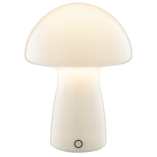 Erik 22cm Hvid bærbar Fra Brilliant - Erik er en bærbar og genopladelig bordlampe med et charmerende design af glas i en hvid finish, der ligner en lille svamp.