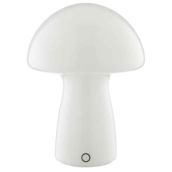 Erik 22cm Hvid bærbar Fra Brilliant - Erik er en bærbar og genopladelig bordlampe med et charmerende design af glas i en hvid finish, der ligner en lille svamp.