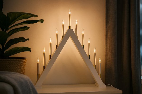 Hilda 11 Hvid Fra Pixie Design - Hilda lysestagen med 11 arme i hvid finish og gulddetaljer er en elegant og klassisk borddekoration, der bringer julestemningen ind i dit hjem.