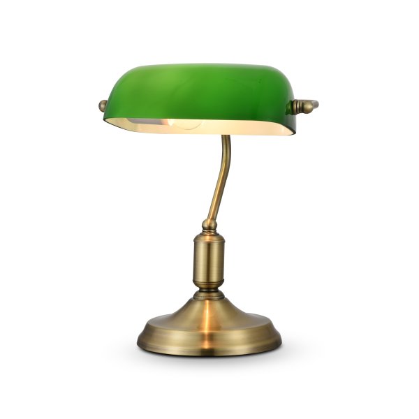 Kiwi 36cm Messing skrivebordslampe Fra Maytoni - Med sin gr&oslash;nne glaskuppel og antikke messingsokkel udstr&aring;ler denne lampe en sofistikeret charme, der er perfekt til et hjemmekontor, et bibliotek eller et studie.