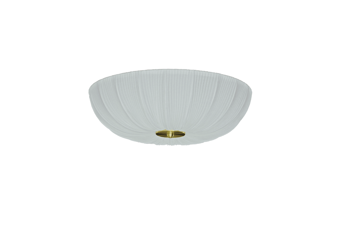 Lady Ø45 Hvid plafond Fra Aneta Lighting - N&aring;r lampen er t&aelig;ndt, spredes et bl&oslash;dt og behageligt lys gennem stoffet og skaber en varm atmosf&aelig;re i rummet.