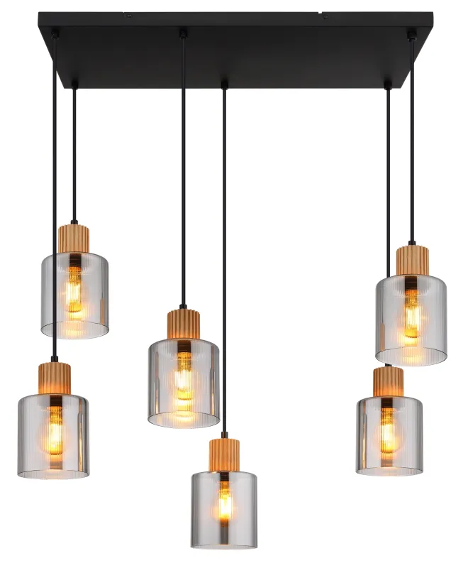 Aleidis 67cm Røgfarvet loftslampe Fra Globo Lighting - Sex dekorativa glaskupor med tr&auml;detaljer h&auml;nger fr&aring;n en mattsvart metallstomme, vilket skapar en harmonisk balans mellan modern och rustik estetik.