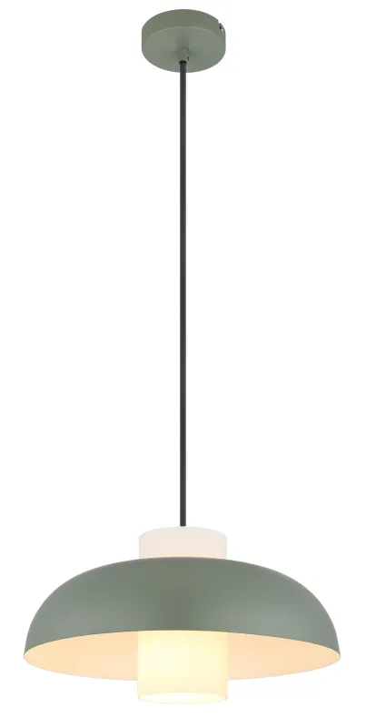 Lowe Ø38 Grøn loftslampe Fra Globo Lighting - Den runda sk&auml;rmen i matt gr&ouml;nf&auml;rgad metall ger ett elegant och tidl&ouml;st uttryck, medan den cylinderformade sk&auml;rmen i opalglas sprider ett mjukt och behagligt ljus.