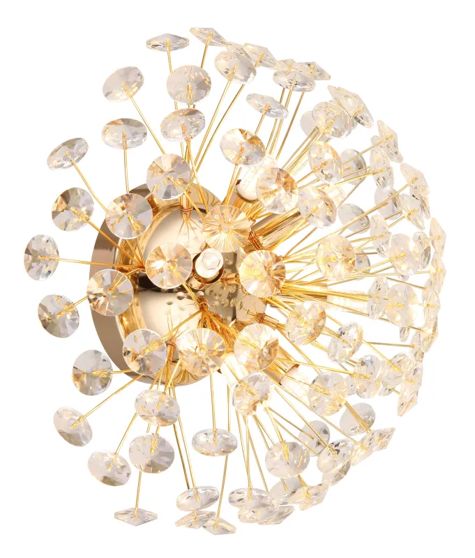 Katrina Ø40 Guld væglampe Fra Globo Lighting - Den runda stommen i guldf&auml;rgad metall och den halvsf&auml;riska sk&auml;rmen i klara K9-kristaller skapar en lyxig och inbjudande atmosf&auml;r.