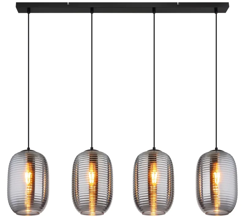 Jefrey 110cm Røgfarvet loftslampe Fra Globo Lighting - Denna eleganta taklampa har en avl&aring;ng form och &auml;r utrustad med fyra rundade kupor i r&ouml;kf&auml;rgat glas.