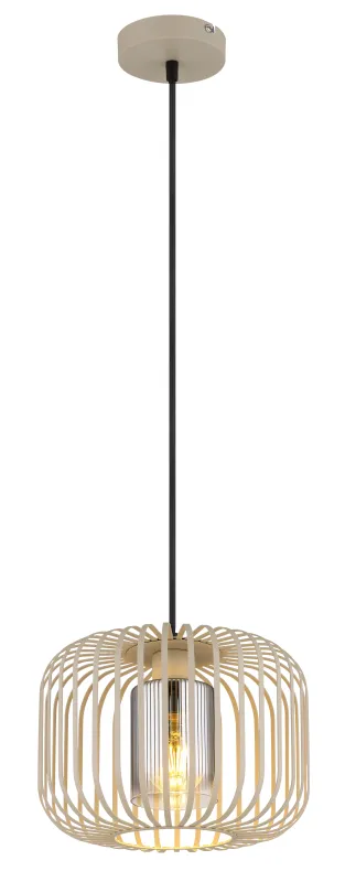 Alfred Ø28 Sand loftslampe Fra Globo Lighting - Den &auml;r tillverkad av sandf&auml;rgad matt metall och har en mjukt rundad metalln&auml;tssk&auml;rm med en inre glascylinder, som skapar ett elegant och luftigt uttryck.