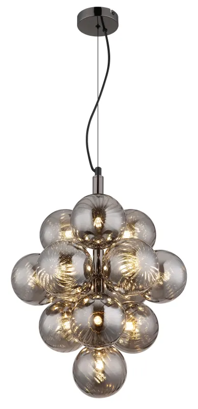 Conor Ø40 Røgfarvet loftslampe Fra Globo Lighting - Den har 13st dekorativa r&ouml;kf&auml;rgade glaskupor som alla omfamnar en ljusk&auml;lla vilket skapar en fin och harmonisk ljusspridning i rummet.