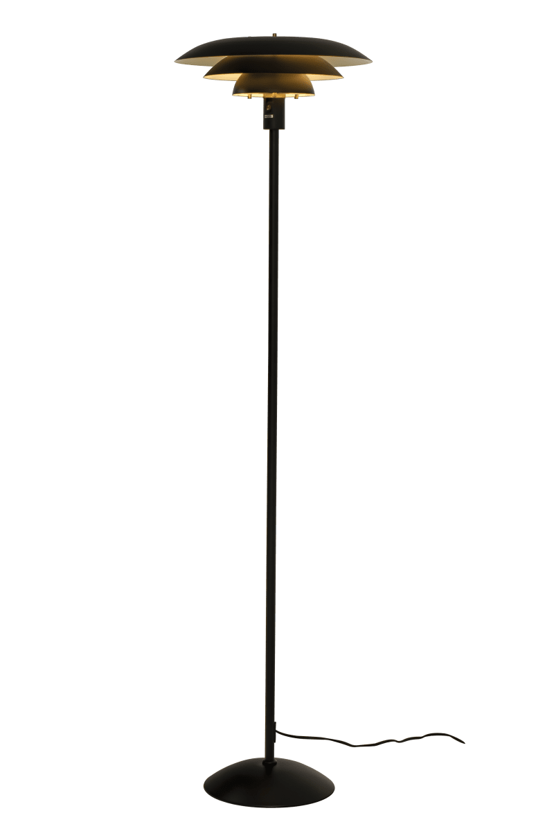 Epsilon Sort gulvlampe Fra Aneta Lighting - Stovlampen Epsilon har et klassisk design med sorte metalsk&aelig;rme i tre niveauer, der spreder lyset behageligt og forhindrer bl&aelig;nding.