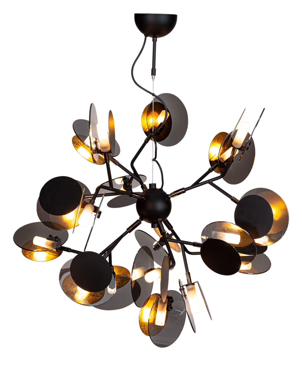Turno Ø80 Sort loftslampe Fra By Rydéns - D&aring; Turno loftslampe har ingen bagside, du kan vælge om du vil have lyskilderne, som er anbragt i et rør af matteret glas, skal være i fokus eller om du foretrækker dem skjult og s&aring; så udstråle på siderne bag den guldfarvede metalskive.