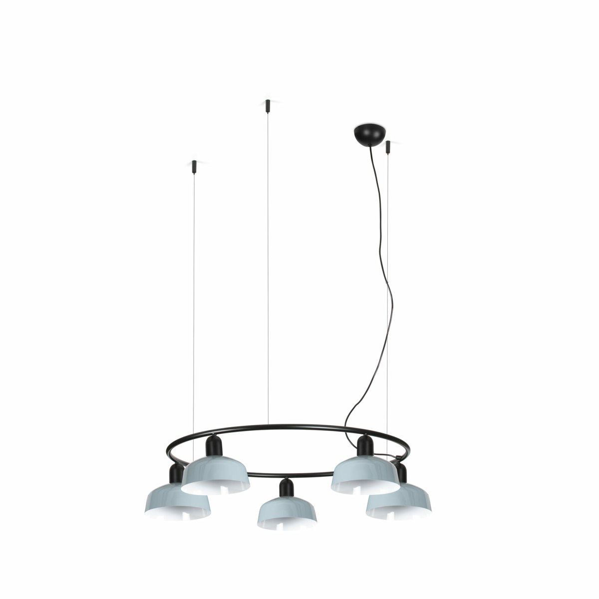 Tatawin Ø90 Grålig blå loftslampe Fra Faro Barcelona - Tatawin er en loftslampe med en sort struktur og 5 gr&aring;bl&aring; metalsk&aelig;rme, der spreder et rettet, flydende lys.