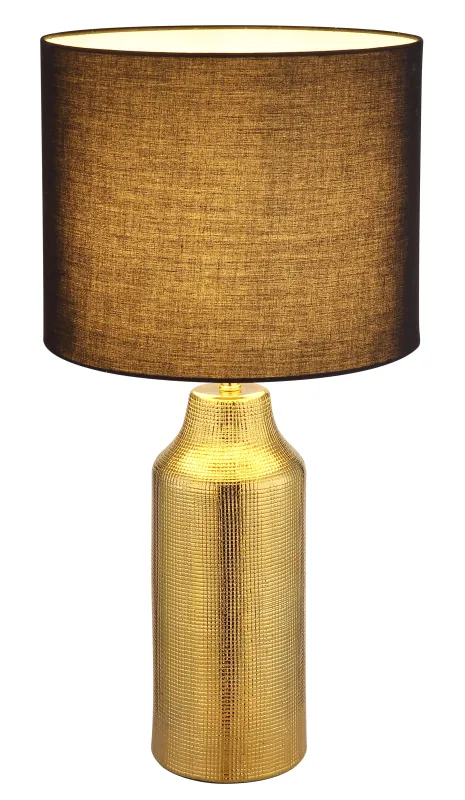 Elden 60cm Guld bordlampe Fra Globo Lighting - Den guldf&auml;rgade keramiska basen i kombination med den svarta cylindriska textilsk&auml;rmen skapar en sofistikerad kontrast och blir en stilfull inredningsdetalj.