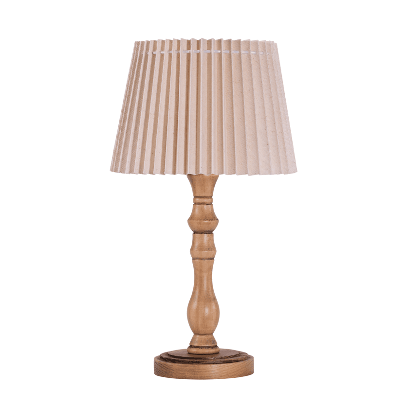 Zoom billede af Monika 45cm Træ bordlampe Fra Pixie Design - Denne bordlampe med træfod&auml; og en plisseret skærm udstråler en klassisk og rustik charme.