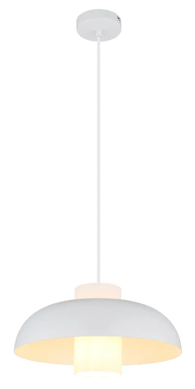 Lowe Ø38 Hvid loftslampe Fra Globo Lighting - Den runda sk&auml;rmen i mattvit metall ger ett elegant och tidl&ouml;st uttryck, medan den cylinderformade sk&auml;rmen i opalglas sprider ett mjukt och behagligt ljus.