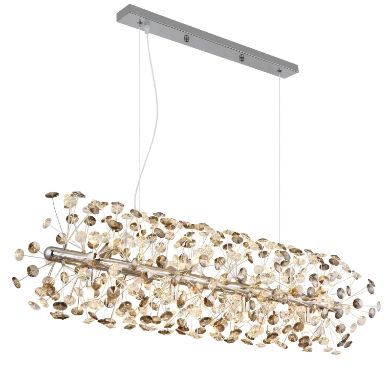 Katrina 90cm Røgfarvet krystal Fra Globo Lighting - Katrina er en elegant rektangulær krystallysekrone i forkromet metal med funklende K9-krystaller, der skaber en sofistikeret og luksuriøs atmosfære i dit hjem.