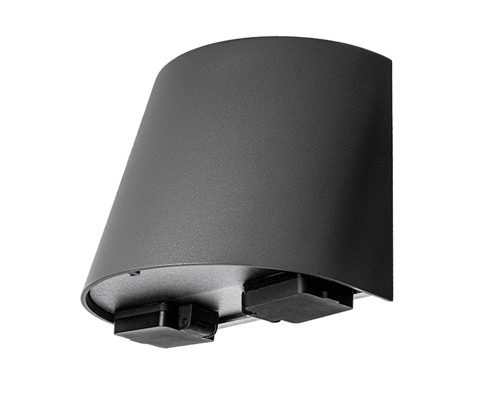 Mini m. uttag Antracit udendørslampe Fra Westal - Bagsiden er udstyret med to ind- og udgange samt en 4-polet lynklemrække.