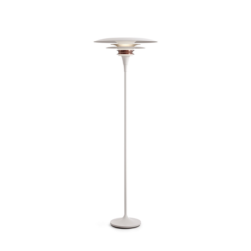 Diablo Ø50 Hvid/rosé gulvlampe Fra Belid - Lampen fås i flere farvekombinationer, især i en slående blanding af mat hvid og pink, der giver et moderne og samtidig dramatisk udtryk.