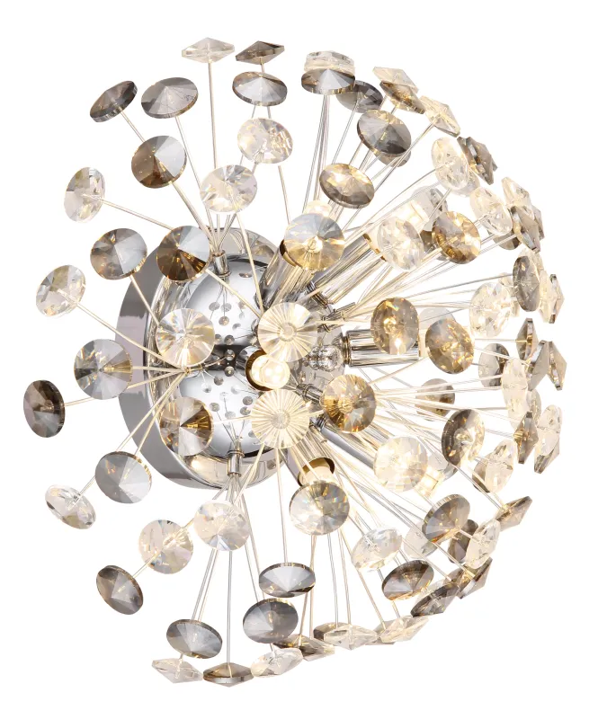 Katrina Ø40 Chrom væglampe Fra Globo Lighting - Den runda stommen i kromf&auml;rgad metall och den halvsf&auml;riska sk&auml;rmen i r&ouml;kf&auml;rgade K9-kristaller skapar en lyxig och inbjudande atmosf&auml;r.