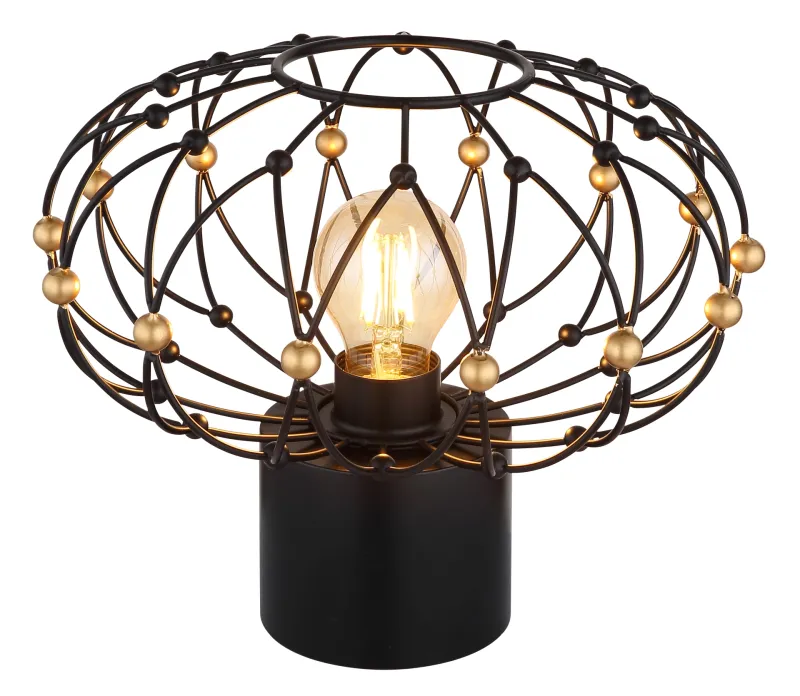 Greys 25cm Sort bordlampe Fra Globo Lighting - Den runda metallsk&auml;rmen i mattsvart med dekorativa guldf&auml;rgade detaljer ger lampan ett sofistikerat uttryck och blir ett stilfullt inslag i hemmet.