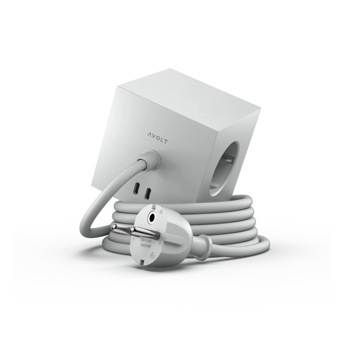Square 1 with 30W Dual USBC & Magnetic base, 3m Grå Fra Avolt - Str&oslash;mskinne fra Avolt med et stilfuldt design med en lang PVC-ledning, en terning lavet af genbrugsplast og en magnetisk plade i bunden, s&aring; den kan h&aelig;nges p&aring; v&aelig;ggen.