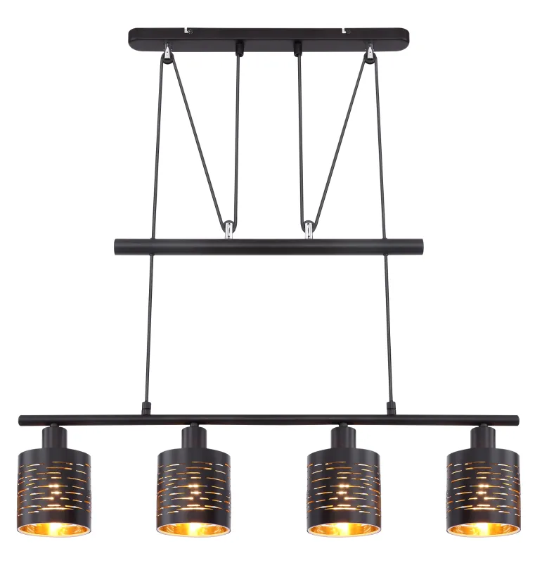 Tunno 70cm Sort loftslampe Fra Globo Lighting - Perfekt f&ouml;r k&ouml;k eller vardagsrum, d&auml;r dess dekorativa utsk&auml;rningar, form och guldf&auml;rgade insida skapar en varm och inbjudande atmosf&auml;r.