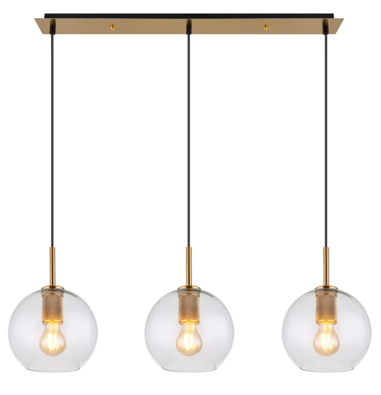 Adara 140cm Guld loftslampe Fra Globo Lighting - De tre glasgloberna h&auml;nger i justerbara rep och kan anpassas i h&ouml;jd upp till 1,2 meter, vilket ger flexibilitet i belysningen.